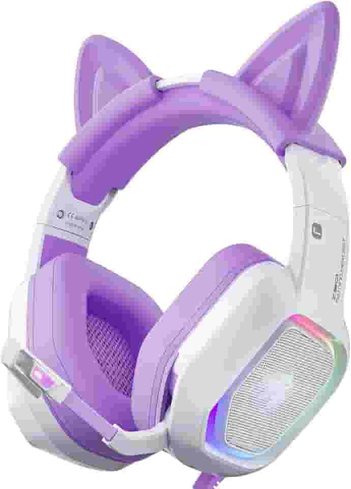 ZIUMIER Fone de ouvido para jogos com orelhas de gato removíveis, compatível com laptop PC PS4, PS5, Xbox One, fones de ouvido com luz LED, microfone com cancelamento de ruído, som surround estéreo