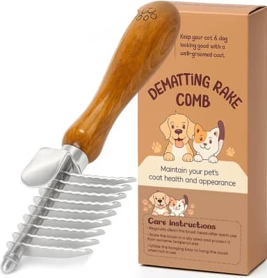 TAKAVU Escova de pente de ancinho de pele para cães e gatos - Pente de subpelo com lâminas de segurança para remover nós, tapetes e emaranhados - Ferramenta de cuidados para poodles, rabiscos, animais