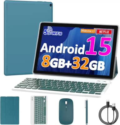 Tablet Android 15 de 10 polegadas, 8 GB de RAM, 32 GB ROM, CPU quad-core potente, tela de resolução de 1280 x 800, câmera de 8 MP, bateria de 6000 mAh, tablets 2 em 1 com teclado, capa, mouse, laptop