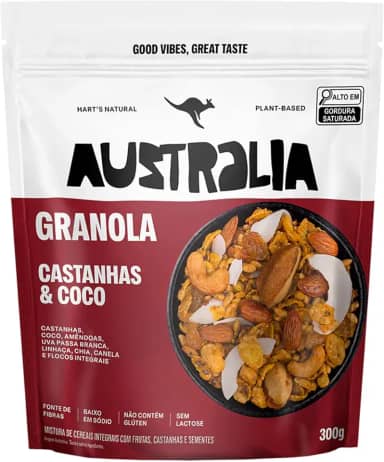 Hart's Natural Granola Australia Castanhas, Melado e Canela, Granola Sem Glúten, Sem Lactose, Vegano, 100% Natural, Alto em Fibras, 300g