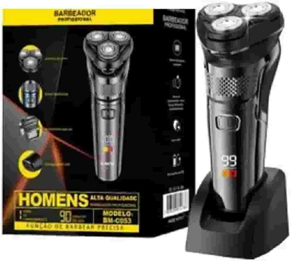 Barbeador Elétrico Profissional BM-C053 – 3 Lâminas Rotativas Duplas, Display LCD, Resistente à Água e 90min de Autonomia