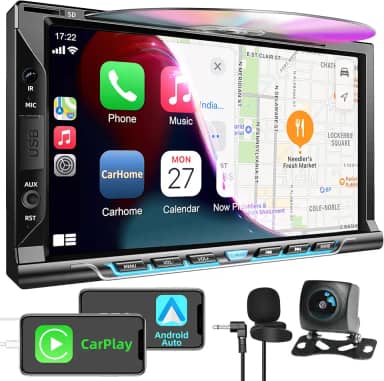 Estéreo automotivo Double Din com leitor de CD/DVD, Apple CarPlay/Android Auto 17.8 cm, rádio duplo din com câmera de reserva, link espelhado, Bluetooth, receptor de rádio AM FM, SWC, subwoofer, USB