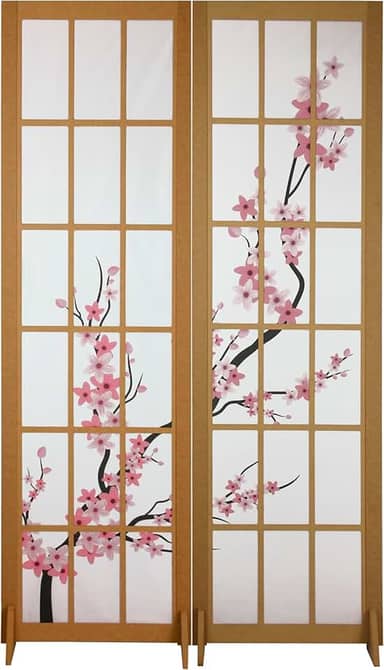 Biombo Divisoria MDF Oriental Japonês Divisor Ambiente Cerejeira Reto (2 Folhas)