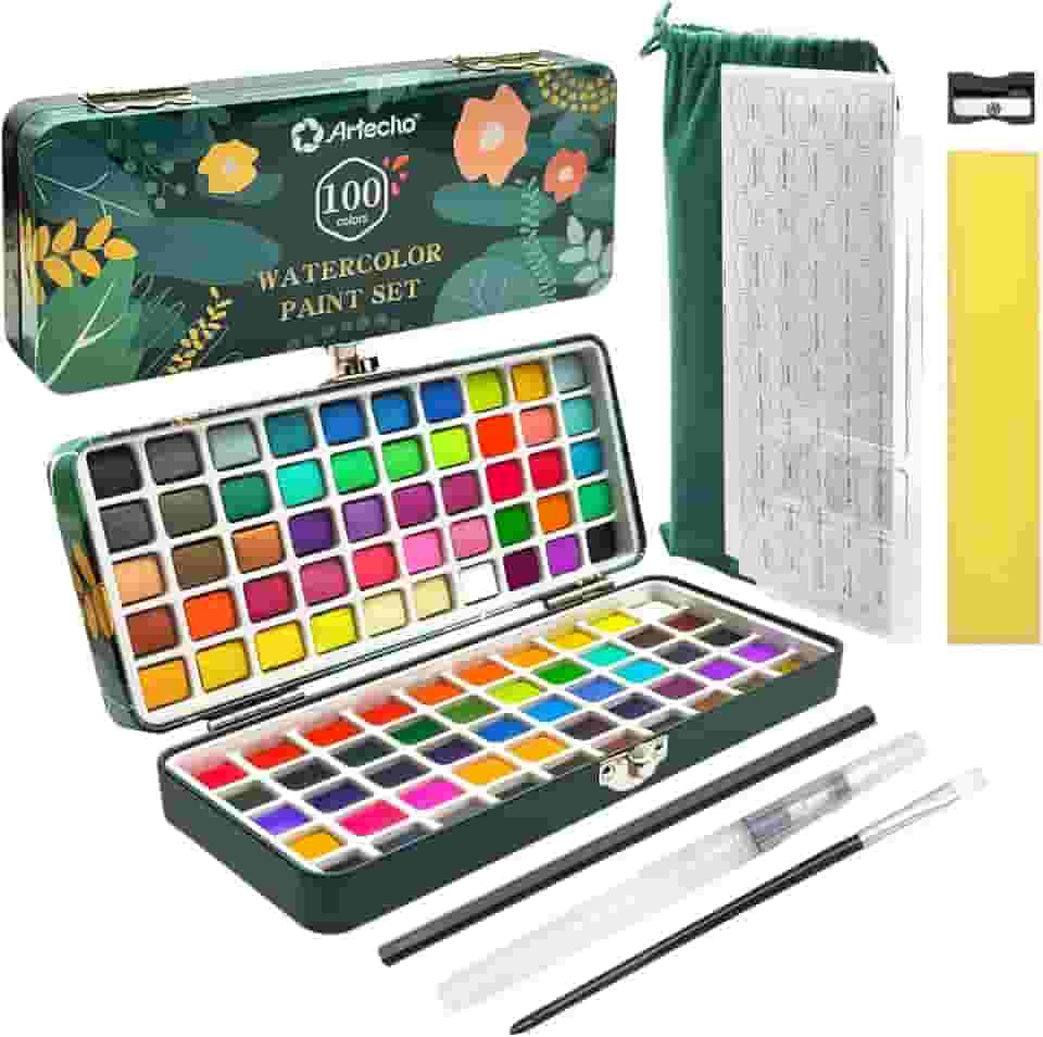 Artecho Conjunto de tinta aquarela com 100 cores em caixa portátil, conjunto de aquarela de viagem com papéis e pincéis aquarela, ideal para adultos, iniciantes e artistas