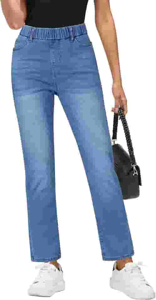 Jeans de perna reta para mulheres, moderno, sem fecho, cintura alta, cropped, cintura elástica, jeans de tornozelo