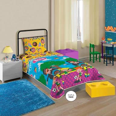 Edredom Dupla Face Microfibra Solteiro Estampado Mundo Bita 1,50 m x 2,20 m Com 1 peça, Lepper, Amarelo