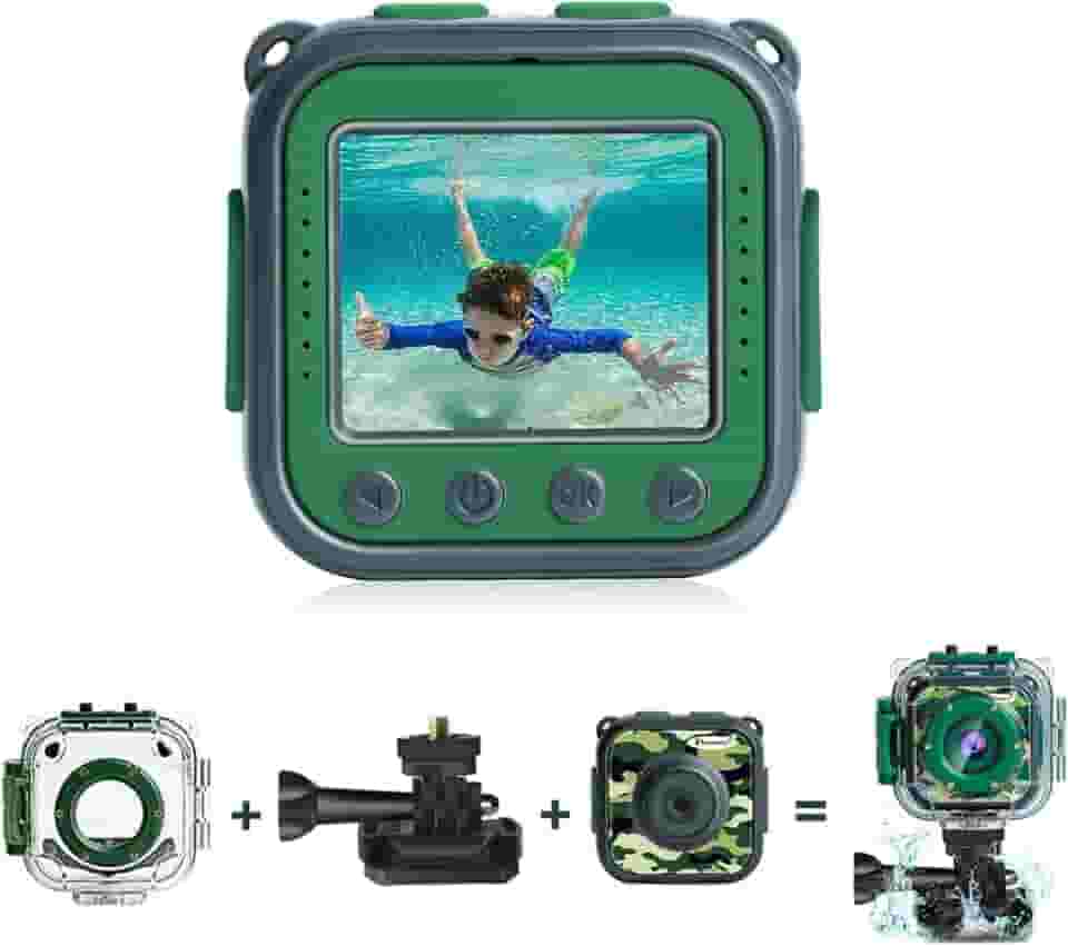 PROGRACE Câmera infantil impermeável – aniversário para meninos de 3 a 12 anos, câmera de vídeo subaquática HD 1080p para crianças, brinquedos de piscina, câmeras digitais infantis com cartão SD de 32