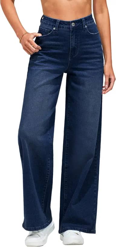 Jeans de perna larga para mulheres, moderno, cintura alta, calça jeans elástica anos 90, calça jeans folgada, calça jeans com bolsos