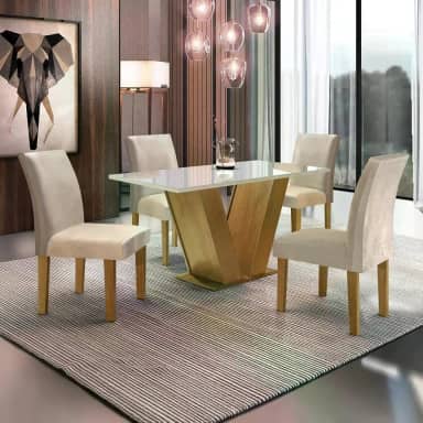 Conjunto Sala de Jantar Mesa Tampo de Vidro 4 Cadeiras Espanha Yescasa Ypê/Suede Bege