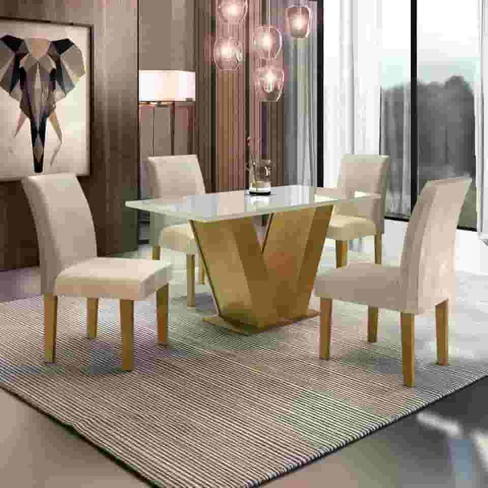 Conjunto Sala de Jantar Mesa Tampo de Vidro 4 Cadeiras Espanha Yescasa Ypê/Suede Bege