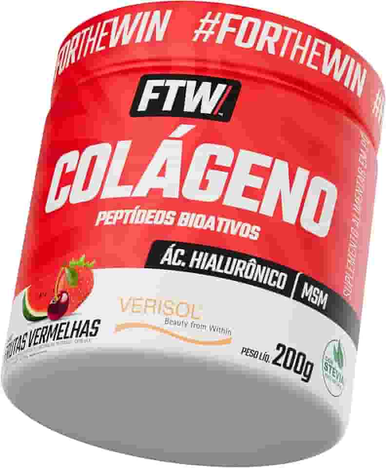 FTW Colágeno Hidrolisado Verisol em Pó 200g, Suplemento com Ácido Hialurônico, MSM, Zinco, Selênio e Cromo – Saúde da Pele, Cabelos e Unhas, Adoçado com Stevia, Sem Glúten (Sabor Frutas Vermelhas)