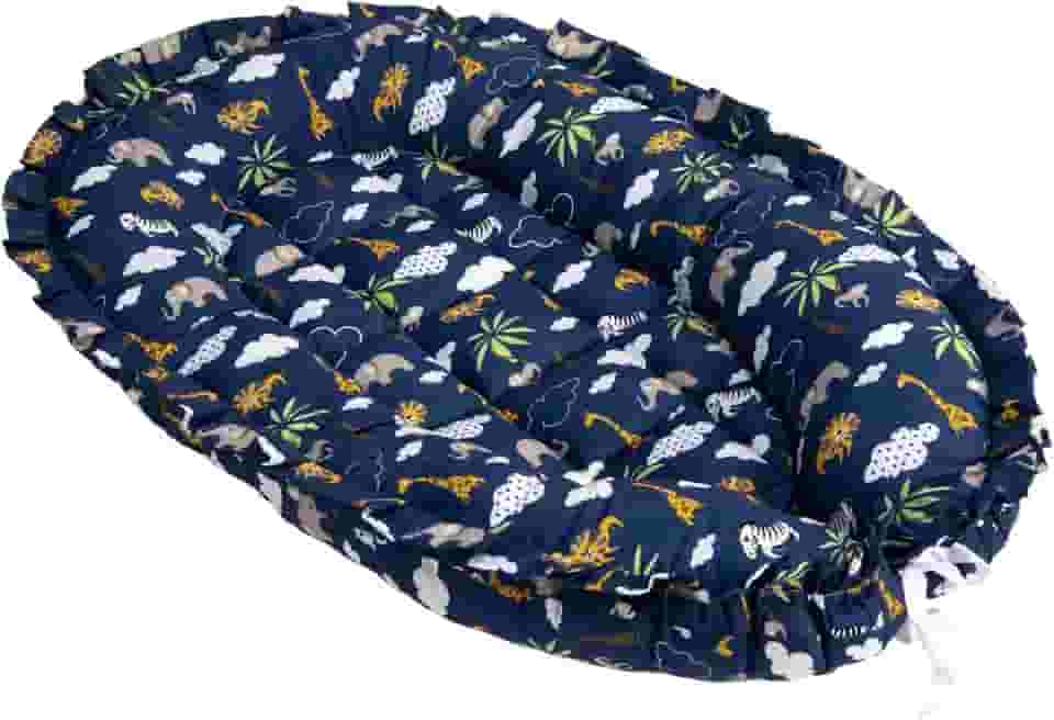 Ninho Redutor de Berço Para Bebê e Recém Nascido Com Regulador e Babado Portátil Macio e Acolchoado 100% Algodão Safari Marinho