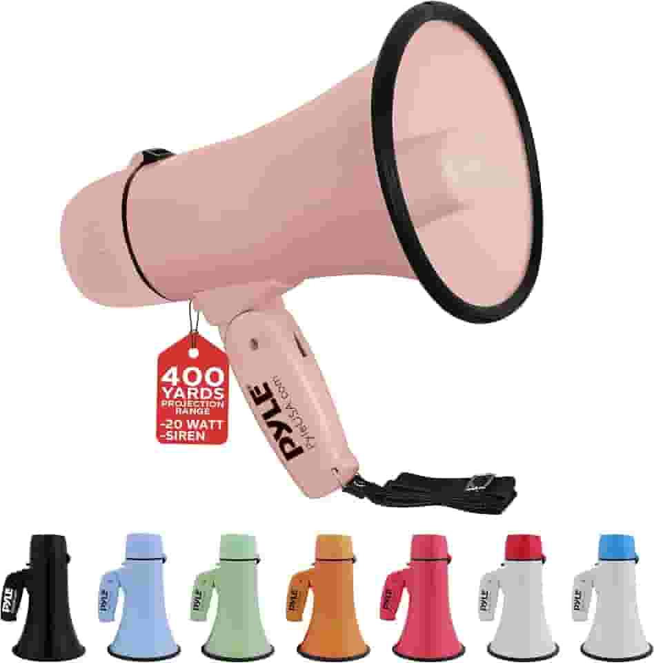 Pyle Megafone Bullhorn de 20 W - portátil, sirene automática e volume ajustável, alcance de projeção de até 400 jardas quadradas, entrada auxiliar, talk, sirene, música, apito e gravação, alça de