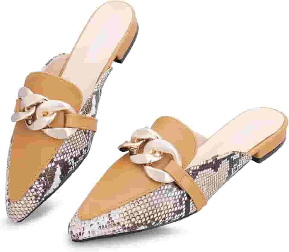 Mocassins femininos com corrente de bico fino e bico fino sem costas confortáveis sem costas para mulheres