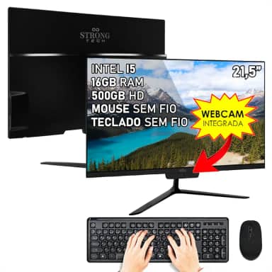 Computador All In One Preto Intel Core i5 21,5' 16GB HD 500GB 4 Núcleos Super Turbo Hdmi Teclado e Mouse Sem Fio Strong Tech
