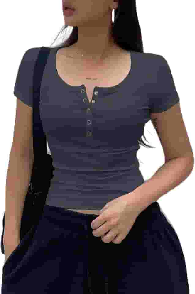 Camiseta feminina com gola quadrada canelada - blusa justa de manga curta - cor lisa