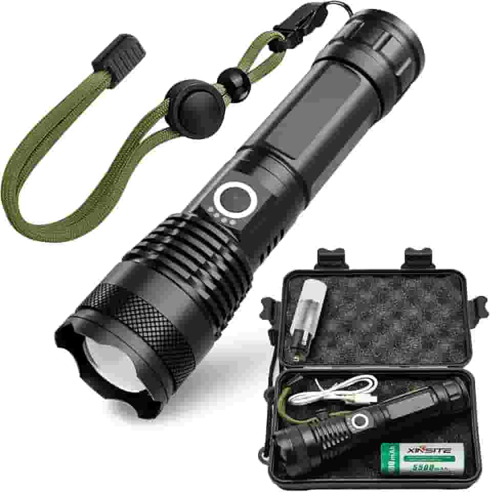 Lanterna Led Recarregável 1000 Lúmens XHP 50 | Lanterna Tática Recarregável丨Zoom Ajustável Longo Alcance | Power Bank | IPX7 À Prova D’Água | Modos Múltiplos | Milita, Camping, Caça, Pesca