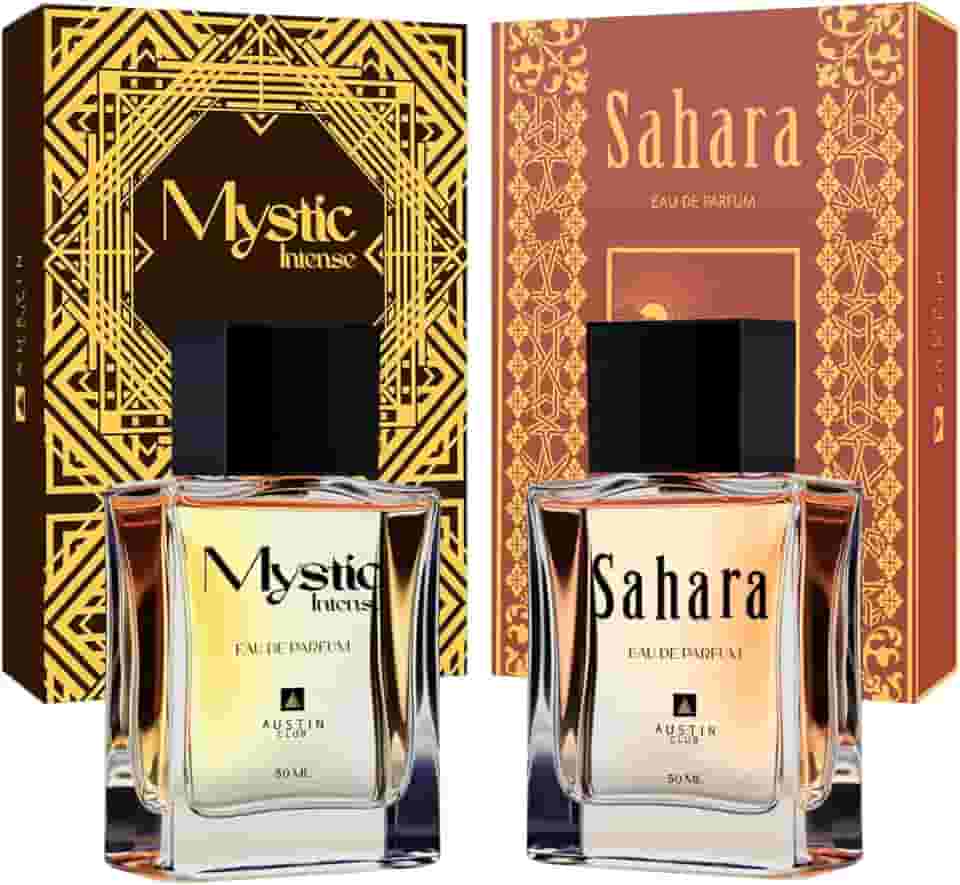 Kit Perfume Masculino Árabe Amadeirado Aromático Mystic 50ml e Perfume Masculino Amadeirado Oriental Sahara 50ml Luxuoso Longa Duração Eau De Parfum