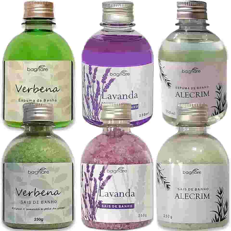 Kit 3 Sais De Banho e 3 Espumas para Banheira Hidromassagem Ofurô Lavanda Alecrim Verbena