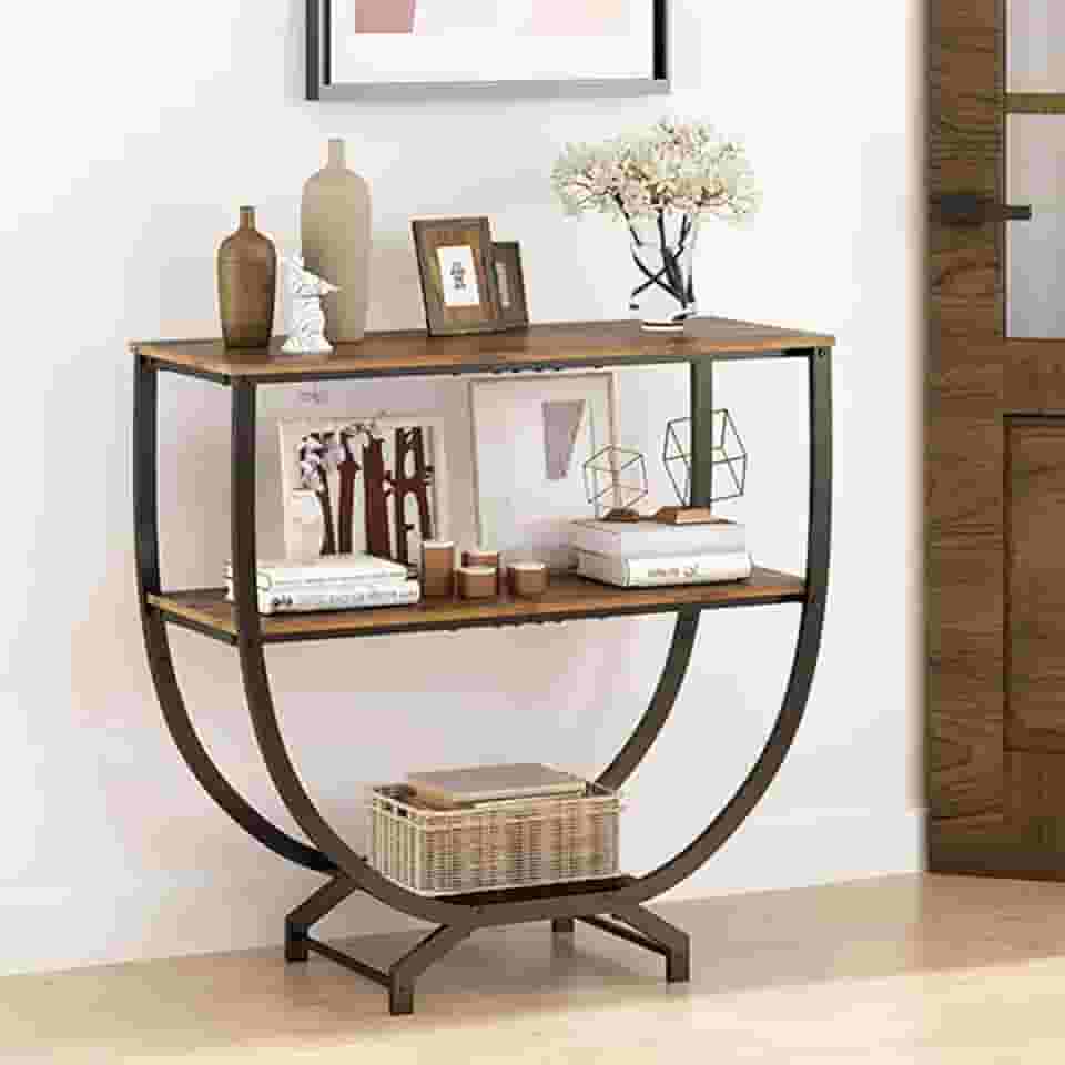 Mesas de Entrada, Mesa de Apoio Semicircular, Mesa de Canto para Sala com Prateleiras de Armazenamento, Adequado para Entradas, Corredores e Cantos de Salas de Estar, Marrom