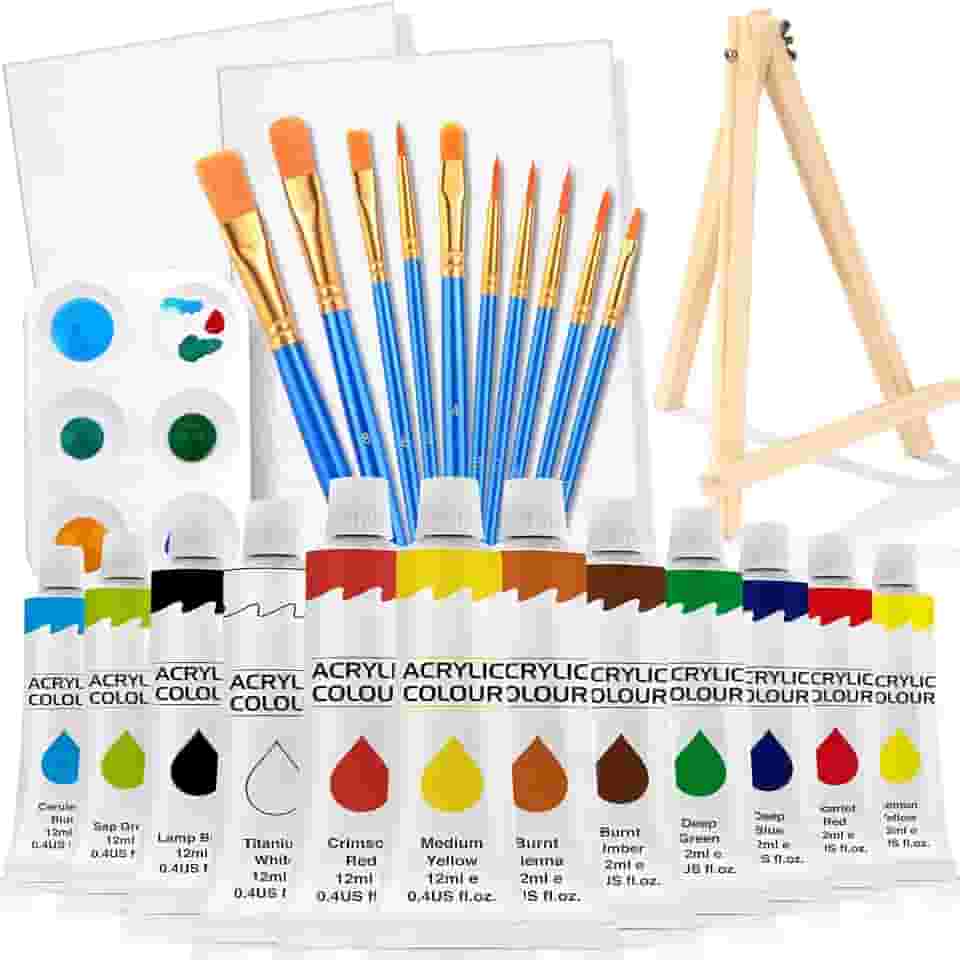 ESRICH Conjunto de 26 peças de tintas acrílicas com tintas acrílicas de 12 cores (12 ml, 11,3 g), 10 pincéis, 2 telas, 1 cavalete de madeira, 1 placa, kits de materiais de pintura para crianças,