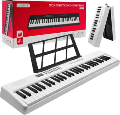 Teclado Musical Eletrônico Portátil 61 Teclas, 200 Timbres e Ritmos, Visor Digital LED com Suporte para Partituras e Microfone Incluso (Branco)