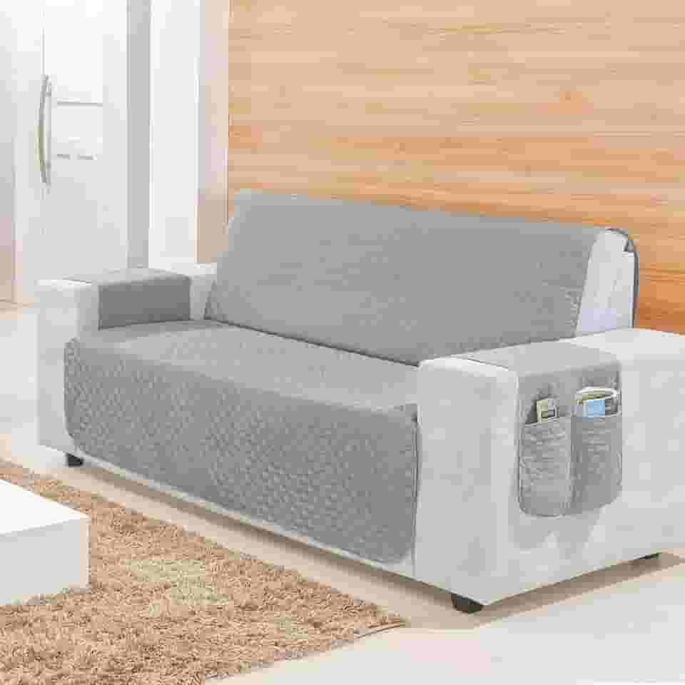 Protetor de Sofá 4 Lugares Padrão ou Retrátil Com Porta-Objetos nas Laterais, Capa de Sofá Reclinável 2,20 de assento - Proteção e Estilo em Microfibra (Cinza)