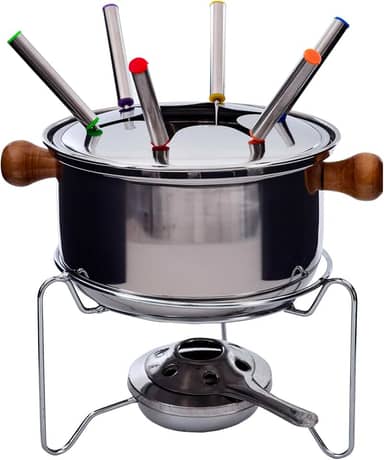 Aparelho de Fondue Berna 10 Peças em Aço Carbono com Alças de Madeira, Espetos, Base Acendedora, Tampa e Suporte - Ideal para Queijos, Chocolates e Carnes - Wincy - CZD10003