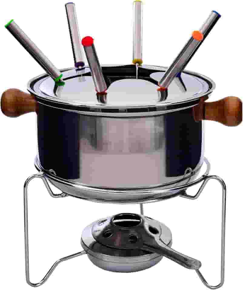 Aparelho de Fondue Berna 10 Peças em Aço Carbono com Alças de Madeira, Espetos, Base Acendedora, Tampa e Suporte - Ideal para Queijos, Chocolates e Carnes - Wincy - CZD10003