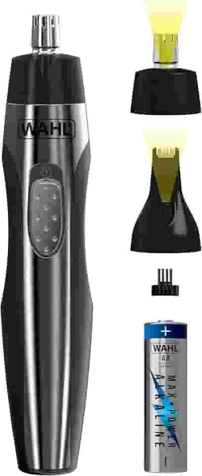 Aparador elétrico Wahl a bateria com iluminação; aparador de pelos faciais, nariz, orelhas e sobrancelhas indolor para homens e mulheres, Modelo 5546-200, preto/prata