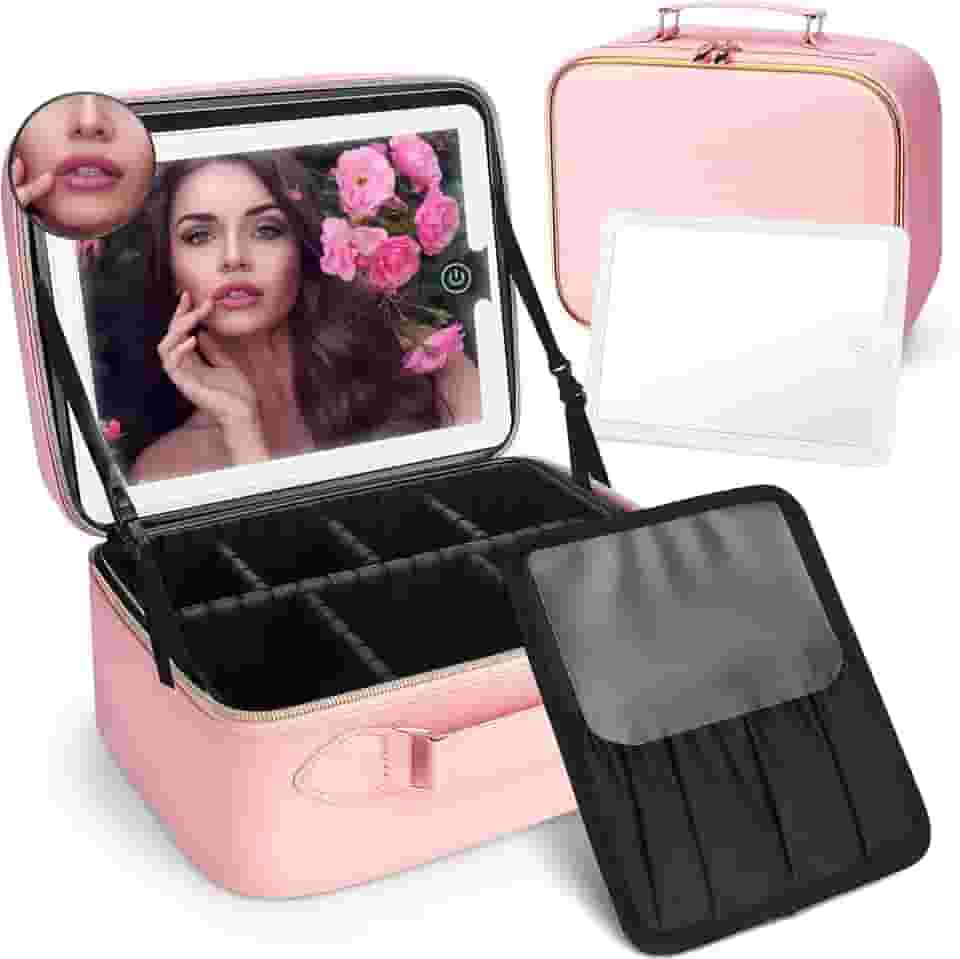 YDHZ Bolsa de maquiagem com espelho de LED, organizadora de viagem, 3 cores de luz ajustável, cosméticos, bolsa de armazenamento, rosa