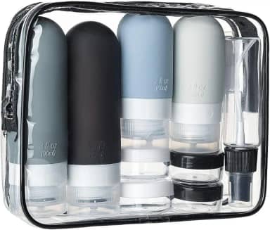 Kit de Frascos de Viagem, 17 Itens, Silicone e Plástico, com Necessaire Transparente, 60ml e 90ml (Negro)