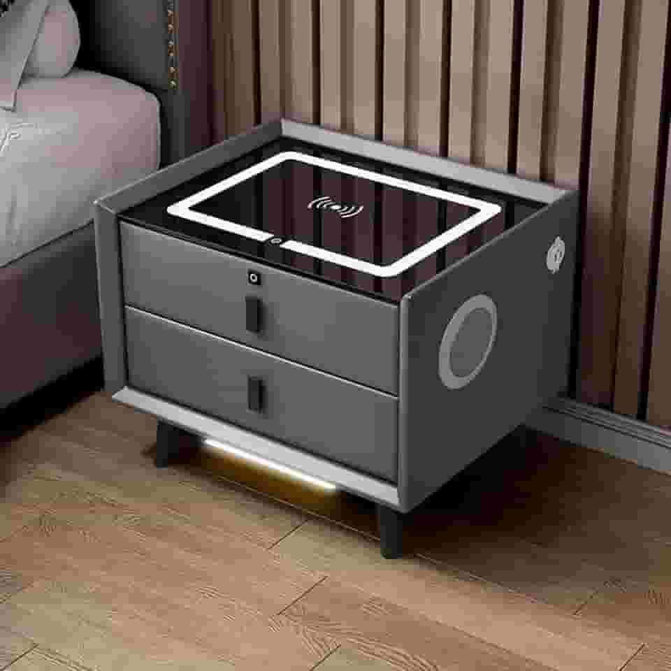 XNSHUNHOYN Mesa de cabeceira com estação de carregamento, mesa de cabeceira inteligente com trava de impressão digital, mesa lateral de quarto com alto-falantes e luzes de LED com sensor inteligente,