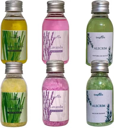 Kit 3 Sais De Banho e 3 Espumas para Banheira Hidromassagem Lavanda Alecrim Capim Limao 60ml