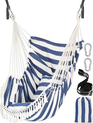 Chihee Cadeira de rede para pendurar com 2 travesseiros incluídos, alças fortes e ganchos para pendurar com facilidade em algodão macio, cadeira de pendurar com bolso lateral, borla, confortável