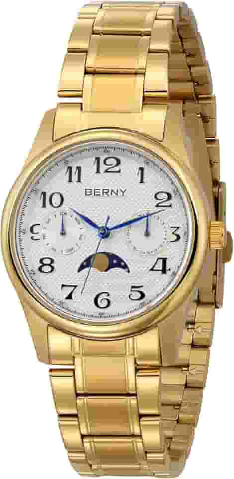 Relógio feminino dourado com fases da lua, relógio de pulso de quartzo, fácil leitura, numerais arábicos, mostrador multifuncional, analógico, caixa de aço inoxidável, com calendário de data e