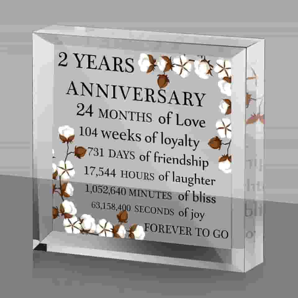 Yalikop Presente de acrílico de aniversário de 2 anos para ele ou ela estampa de flores de algodão decoração acrílica 2º aniversário peso de papel casamento segundo ano casamento para esposa marido