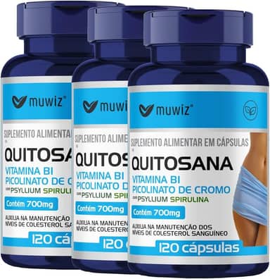 Quitosana Spirulina Psyllium e Picolinato de Cromo 120 Cápsulas - 3 Frascos