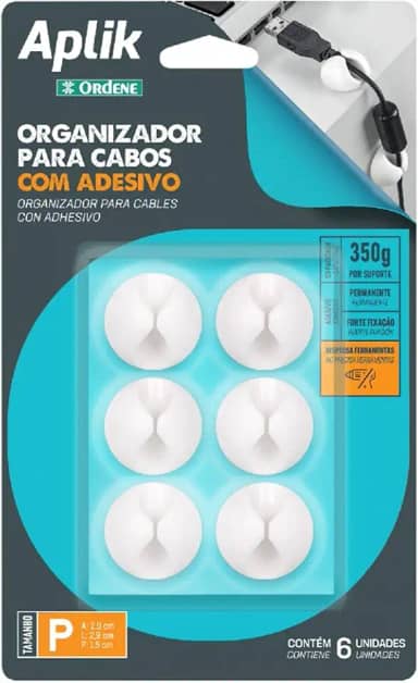 Ordene - Conjunto Organizador Adesivo Emborrachado para Cabos, 6 Unidades, Cor Branca, Linha Aplik