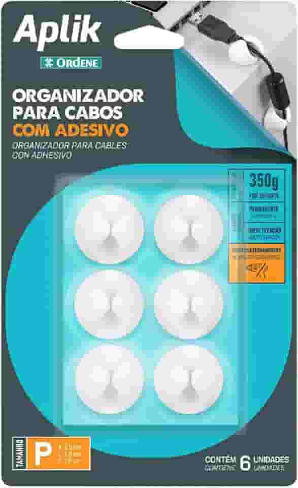 Ordene - Conjunto Organizador Adesivo Emborrachado para Cabos, 6 Unidades, Cor Branca, Linha Aplik
