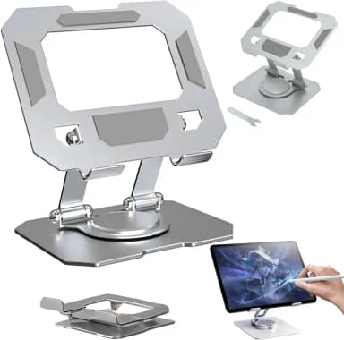 Suporte para Tablet Metal MTS • Aço Carbono Resistente • Apoio para Mesa • Pedestal Portátil Dobrável Articulado Base Rotativa 360º Design Moderno Ajustável até 13" • Antiderrapante Amplo Compatível