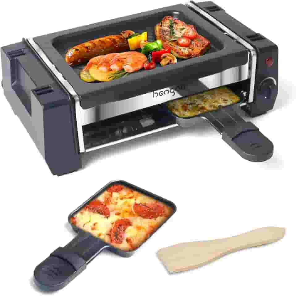 HengBO Raclette Grill Elétrico Portátil com 2 Mini Panelas Antiaderentes e 1 Espátula de Madeira, Preto, 3.500W, 120V, Aço Inoxidável, Ideal para Viagens e Acampamentos