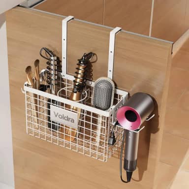VOLDRA Suporte para secador de cabelo, porta de armário, organizador de ferramentas de cabelo adesivo, suporte de parede, altura ajustável, suporte de secador sob a pia/bancada para chapinha, escova