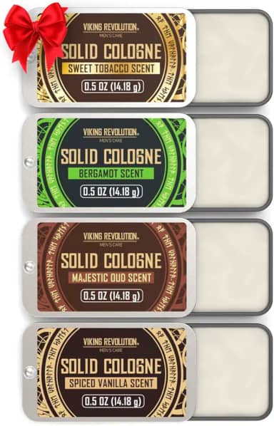 Viking Revolution Pacote com 4 Colônias masculinas – Perfume sólido de 14,2 g com baunilha temperada, tabaco doce, Oud majestoso, bergamota – Bálsamo de cera de viagem Colônia