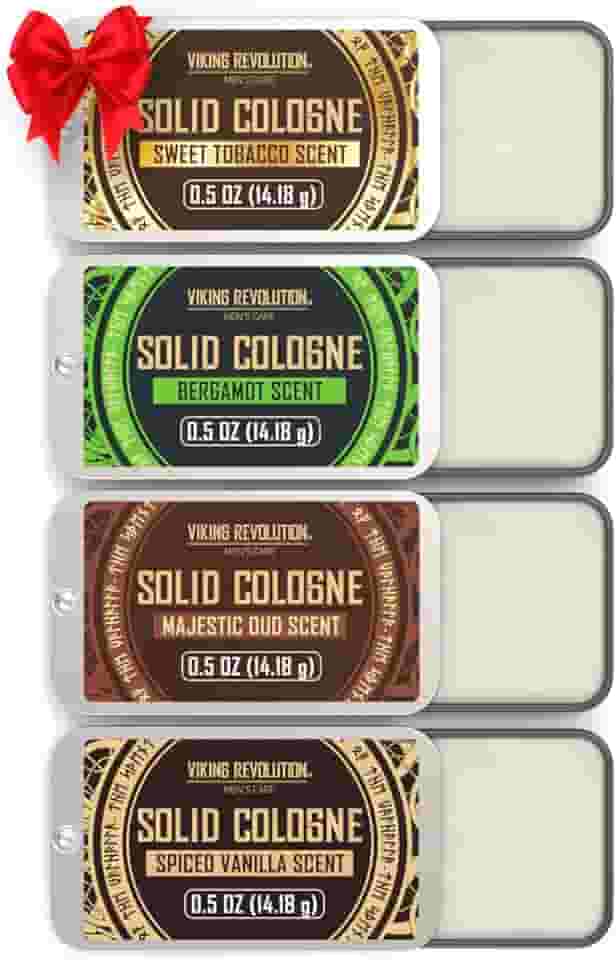 Viking Revolution Pacote com 4 Colônias masculinas – Perfume sólido de 14,2 g com baunilha temperada, tabaco doce, Oud majestoso, bergamota – Bálsamo de cera de viagem Colônia
