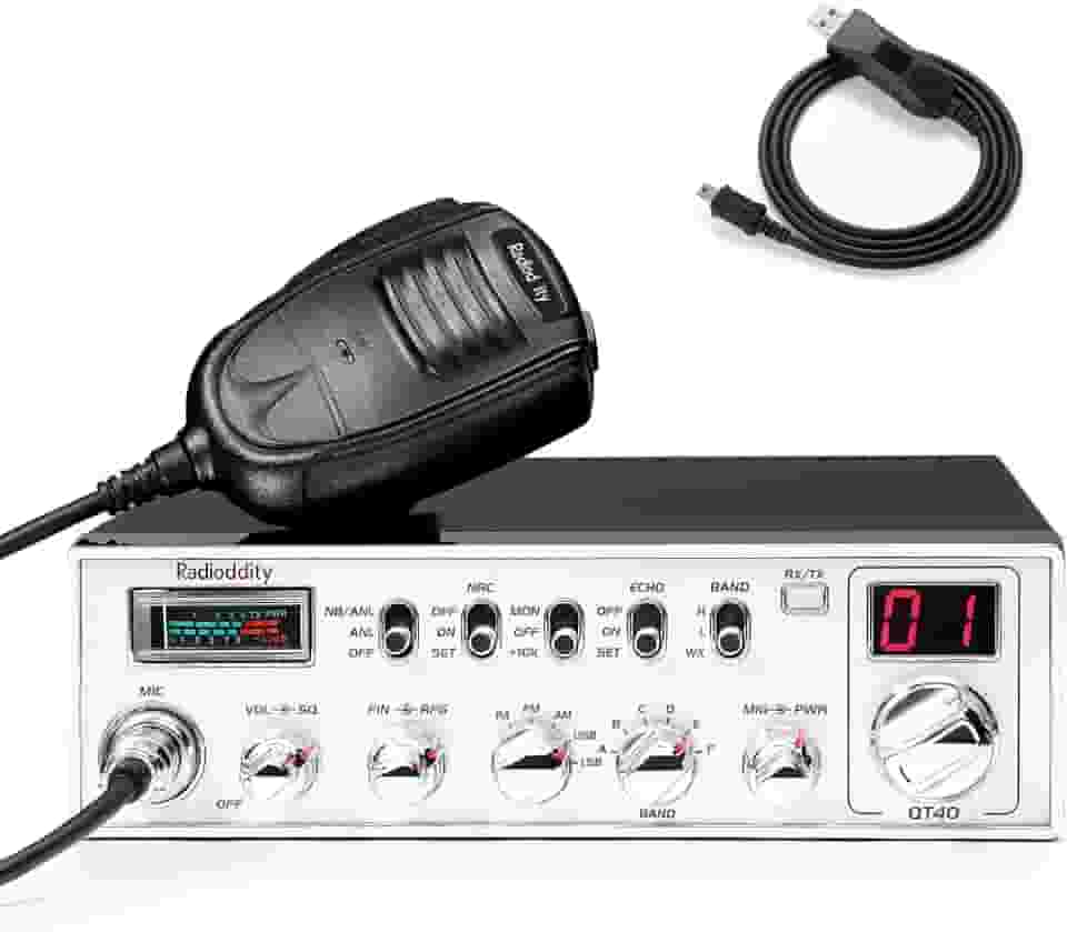 Radioddity Rádio amador SSB QT40 de 10 metros, redução de ruído digital de 40 W, rádio amador de alta potência com alerta NOAA, transceptor móvel AM/FM/PA com CTCSS/DCS, cabo de programação USB