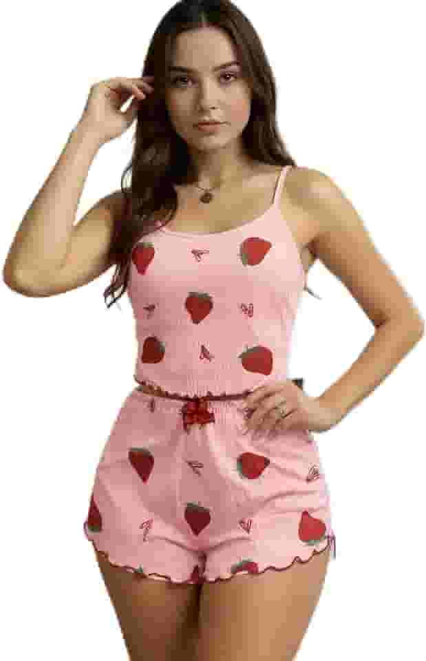 Conjunto de pijama feminino fofo cropped com blusa e short 2 peças, macio, canelado, conjunto de pijama feminino