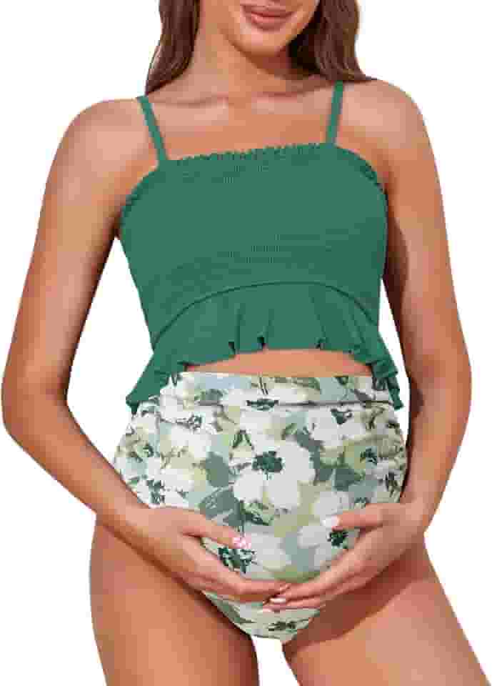 Biquíni de cintura alta com nervuras para gestantes, biquíni cropped com corte alto, duas peças, roupa de banho para gravidez