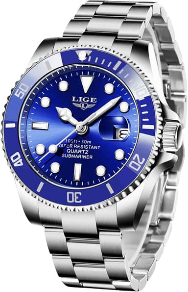 Relógios masculinos modernos de aço inoxidável para homens esportes à prova d'água relógios de luxo marca LIGE relógio de pulso casual azul relógio de data.., Azul, 8.07