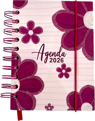 Agenda 2026 Capa Dura Espiral, Estampa Flores Variadas Coloridas, 168 folhas, Com Elástico e Marcador de Página. 14X10 cm. (Roxo-magenta)